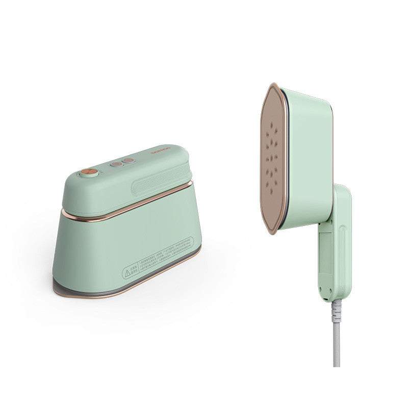 Compact green handheld iron with foldable design for steam and dry ironing, ideal for home and travel use