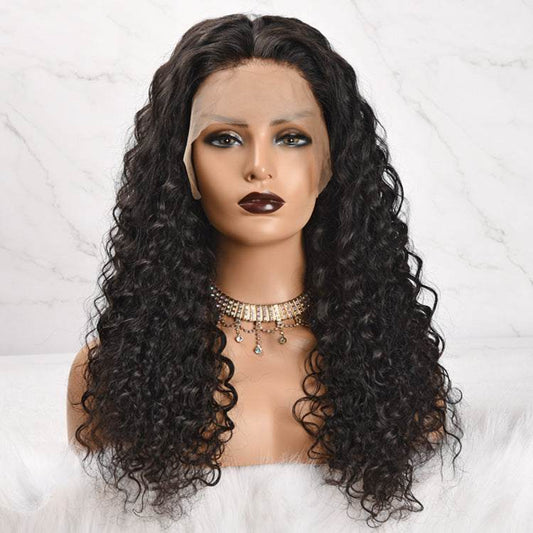 Front lace female wig with natural black curly hair and transparent lace hairline