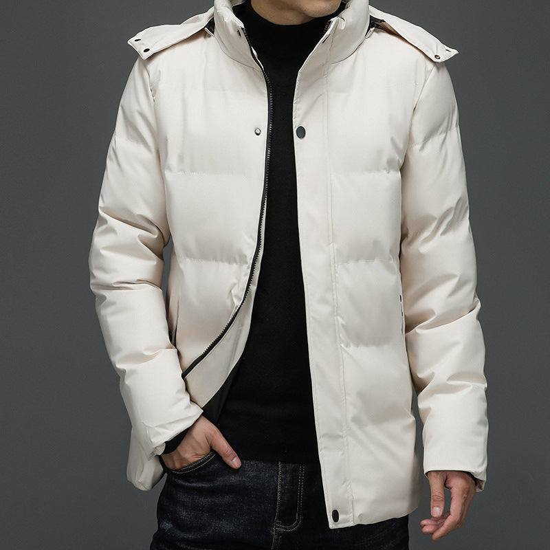Men's plus size thick warm hooded down coat in beige with zipper and snap buttons