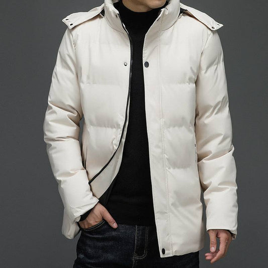 Men's plus size thick warm hooded down coat in beige with zipper and snap buttons