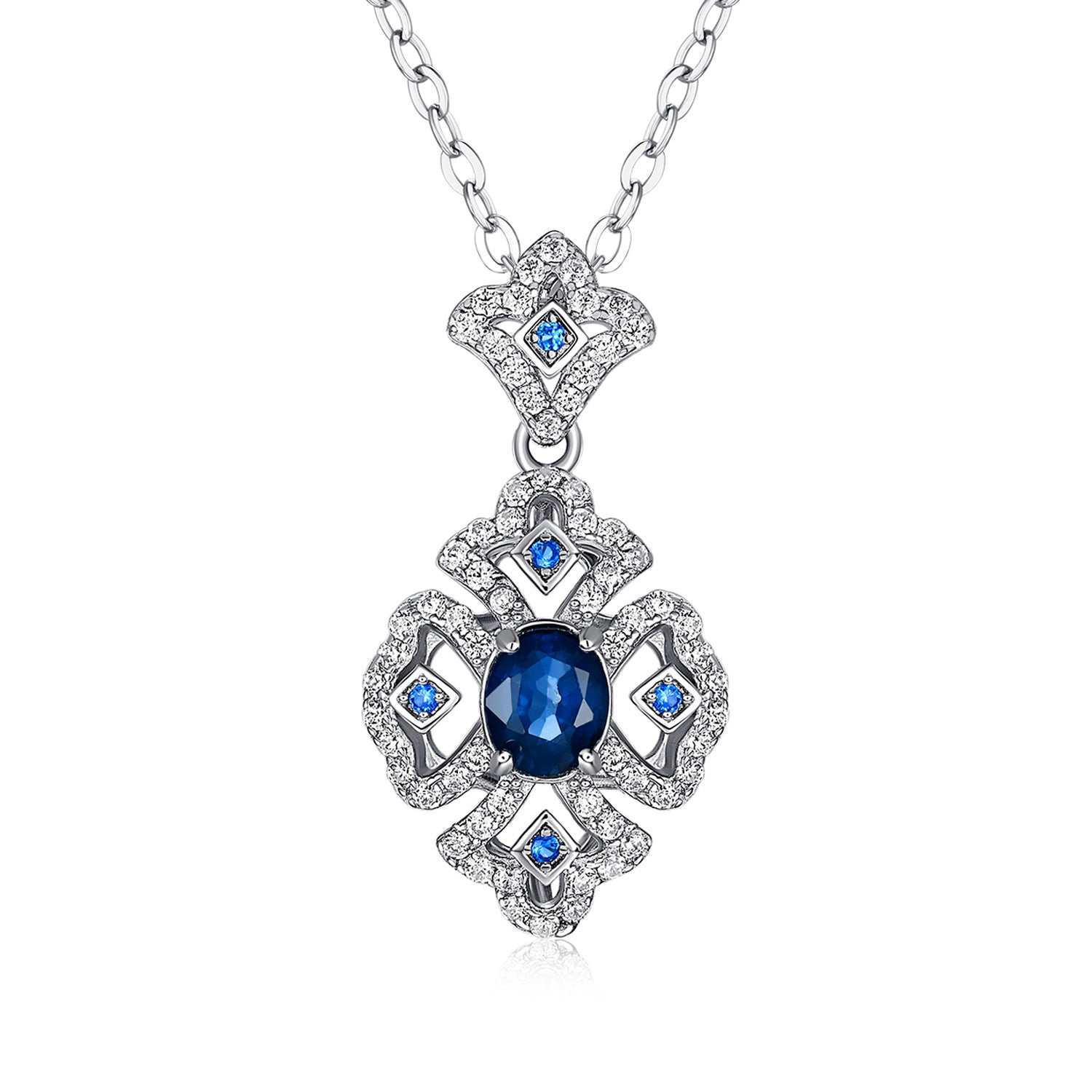 S925 silver necklace with retro geometric pattern and natural sapphire pendant for women