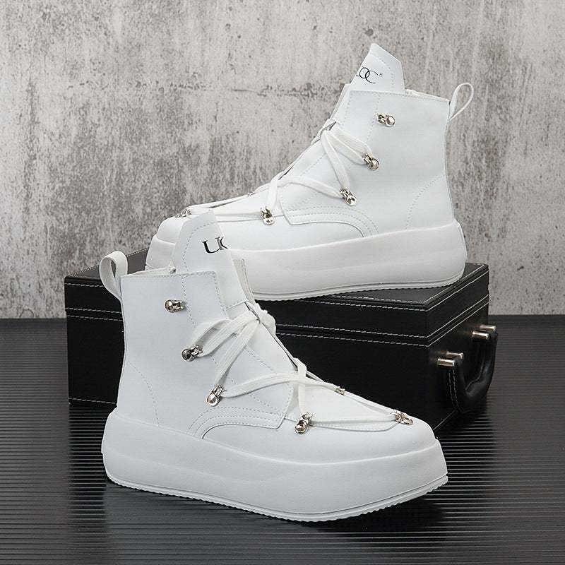 White high-top board shoes for men with thick soles and lace-up design on a black surface.