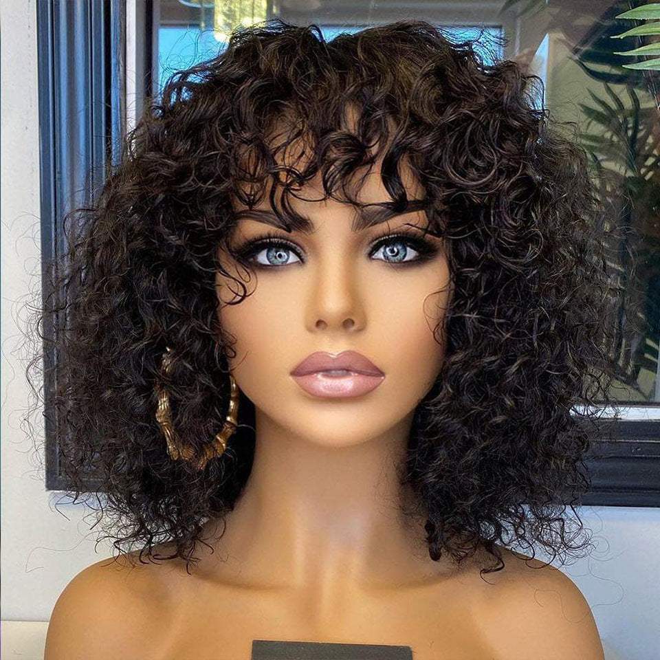Water wave fringe human hair wig with bangs in natural black color on mannequin head