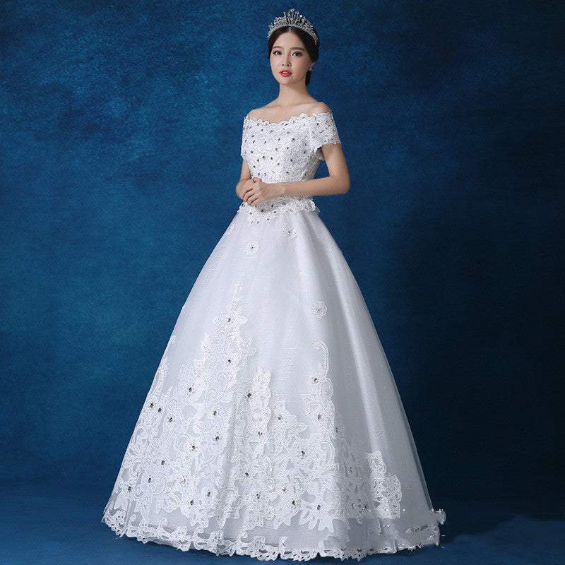 White lace off-shoulder Qidi Studio Wholesale wedding dress with floral embroidery and full skirt