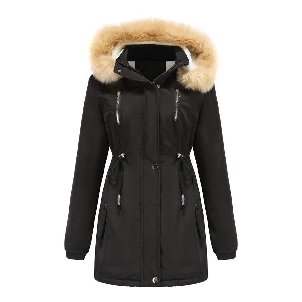 Women's black winter coat with detachable hood and faux fur collar, long sleeve, zipper front, adjustable waist, polyester blend fabric.
