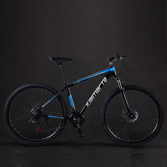 Black and blue aluminum alloy mountain bike with shock absorption and disc brakes against black background