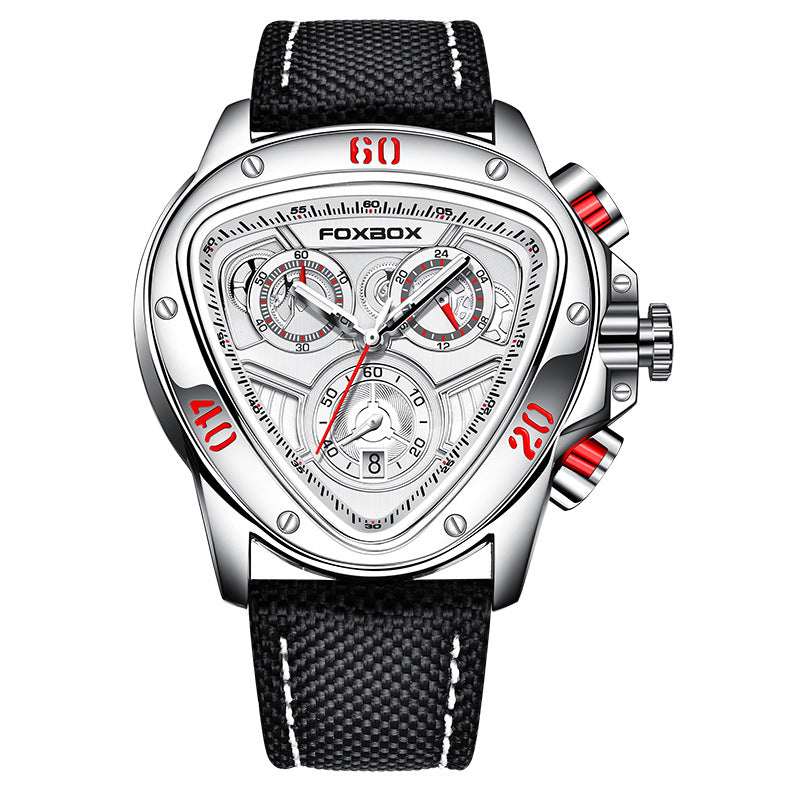 Triangular Snake Head multi-functional chronometer wristwatch with silver black zinc alloy case and black textured strap
