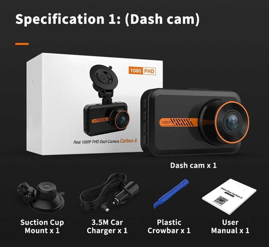 Dash cam front and rear camera dual dashcam 1080P FHD with suction cup mount, car charger, plastic crowbar, and user manual.