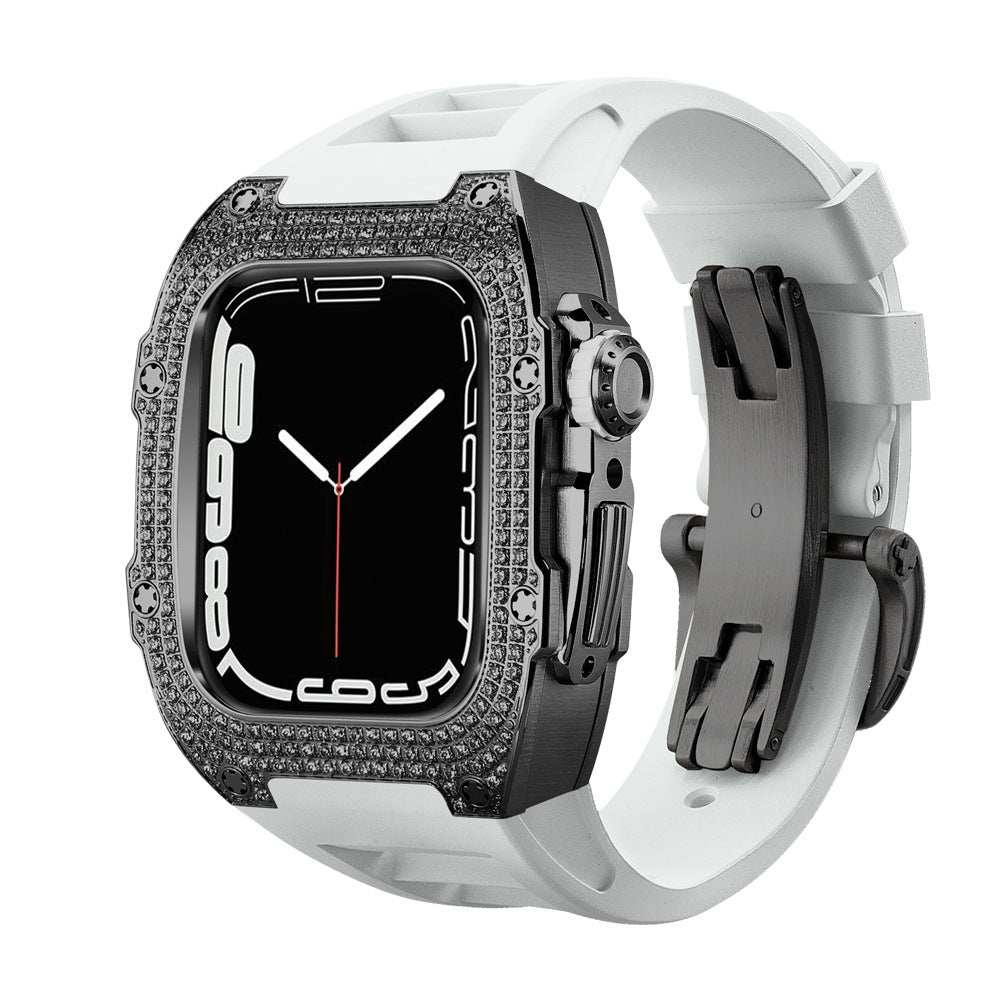Diamond-encrusted black shell watch case with modified white fluororubber strap for smartwatch