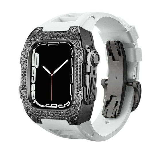 Diamond-encrusted black shell watch case with modified white fluororubber strap for smartwatch