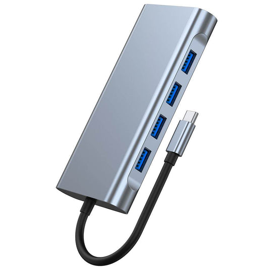 Type-c Docking Station with 11-in-1 HDMI, VGA, Audio, RJ45, USB 3.0 and USB 2.0 ports in a compact silver design