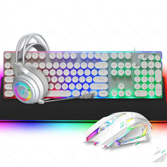 Punk style RGB backlit wired keyboard, mouse, headset, and mouse pad gaming set in white