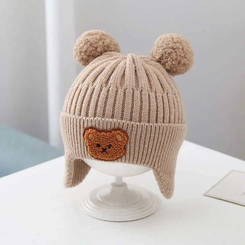 Baby Hat Warm Earflaps Cap Cute Bear Baby Knitted Woolen Cap - AMIR BAGS INDIA PRIVATE LIMITED