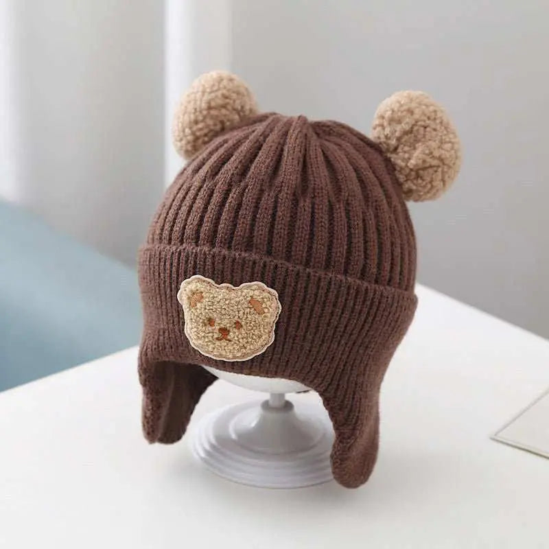 Baby Hat Warm Earflaps Cap Cute Bear Baby Knitted Woolen Cap - AMIR BAGS INDIA PRIVATE LIMITED