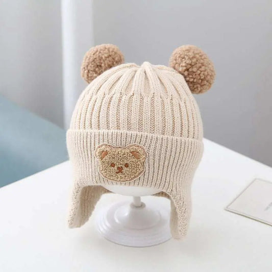 Baby Hat Warm Earflaps Cap Cute Bear Baby Knitted Woolen Cap - AMIR BAGS INDIA PRIVATE LIMITED