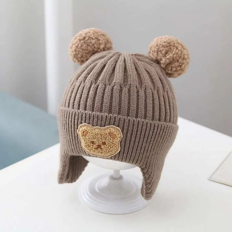Baby Hat Warm Earflaps Cap Cute Bear Baby Knitted Woolen Cap - AMIR BAGS INDIA PRIVATE LIMITED