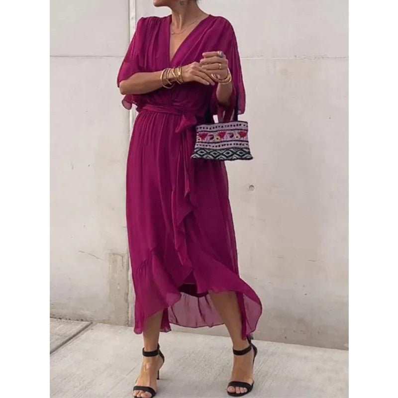Batwing Sleeve V - neck Dress Summer Pure Color Tied Irregular Long Dresses Womens Clothing - AMIR BAGS INDIA PRIVATE LIMITED
