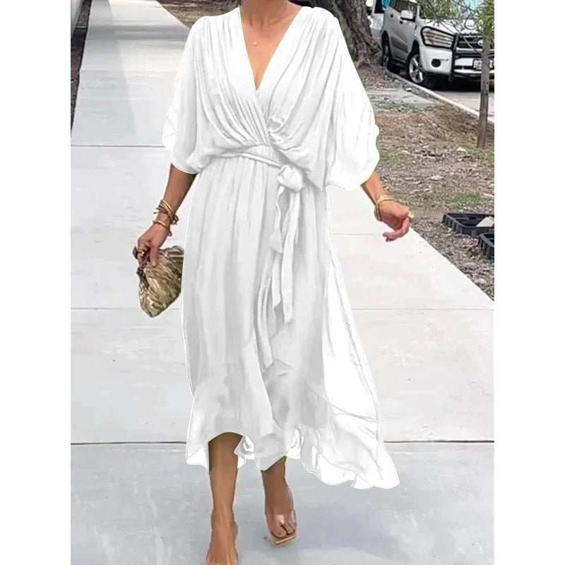 Batwing Sleeve V - neck Dress Summer Pure Color Tied Irregular Long Dresses Womens Clothing - AMIR BAGS INDIA PRIVATE LIMITED