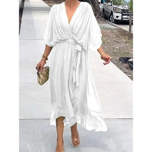 Batwing Sleeve V - neck Dress Summer Pure Color Tied Irregular Long Dresses Womens Clothing - AMIR BAGS INDIA PRIVATE LIMITED