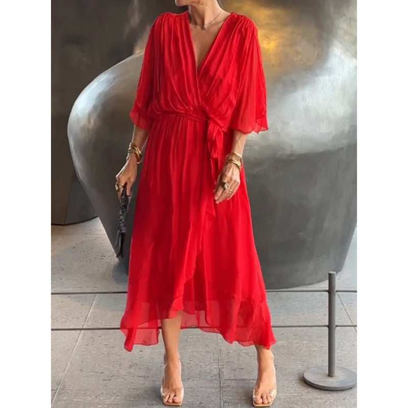 Batwing Sleeve V - neck Dress Summer Pure Color Tied Irregular Long Dresses Womens Clothing - AMIR BAGS INDIA PRIVATE LIMITED