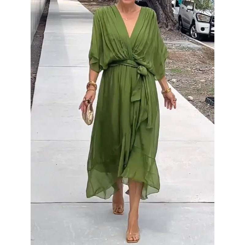 Batwing Sleeve V - neck Dress Summer Pure Color Tied Irregular Long Dresses Womens Clothing - AMIR BAGS INDIA PRIVATE LIMITED