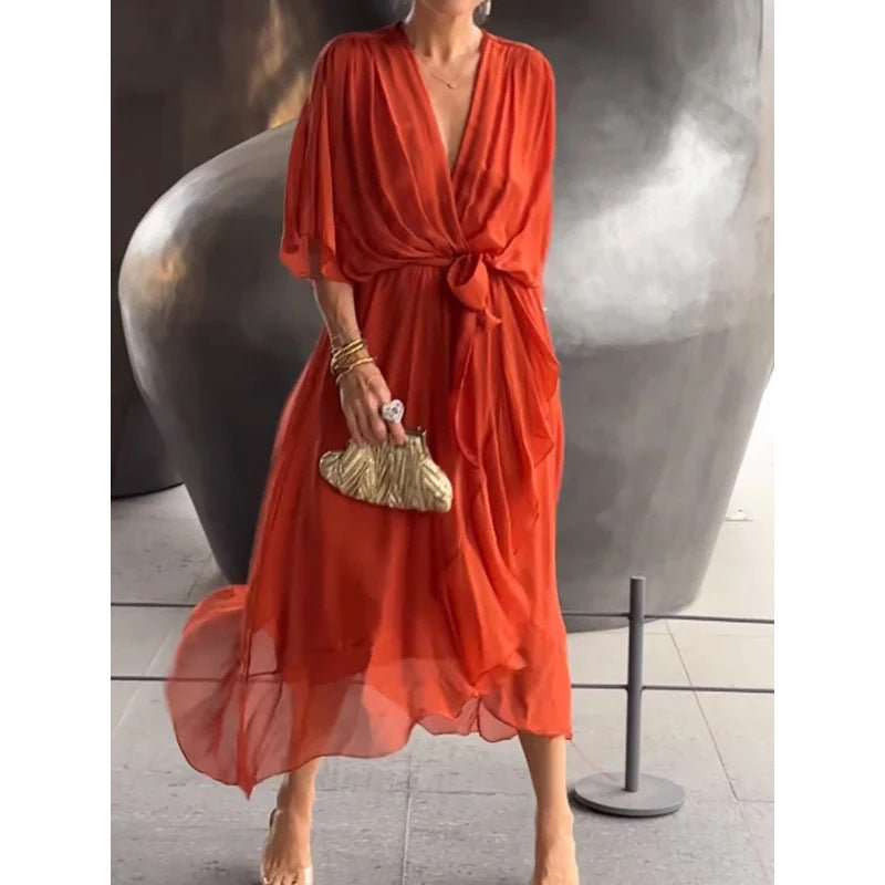 Batwing Sleeve V - neck Dress Summer Pure Color Tied Irregular Long Dresses Womens Clothing - AMIR BAGS INDIA PRIVATE LIMITED