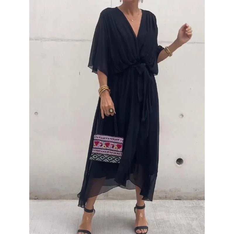Batwing Sleeve V - neck Dress Summer Pure Color Tied Irregular Long Dresses Womens Clothing - AMIR BAGS INDIA PRIVATE LIMITED