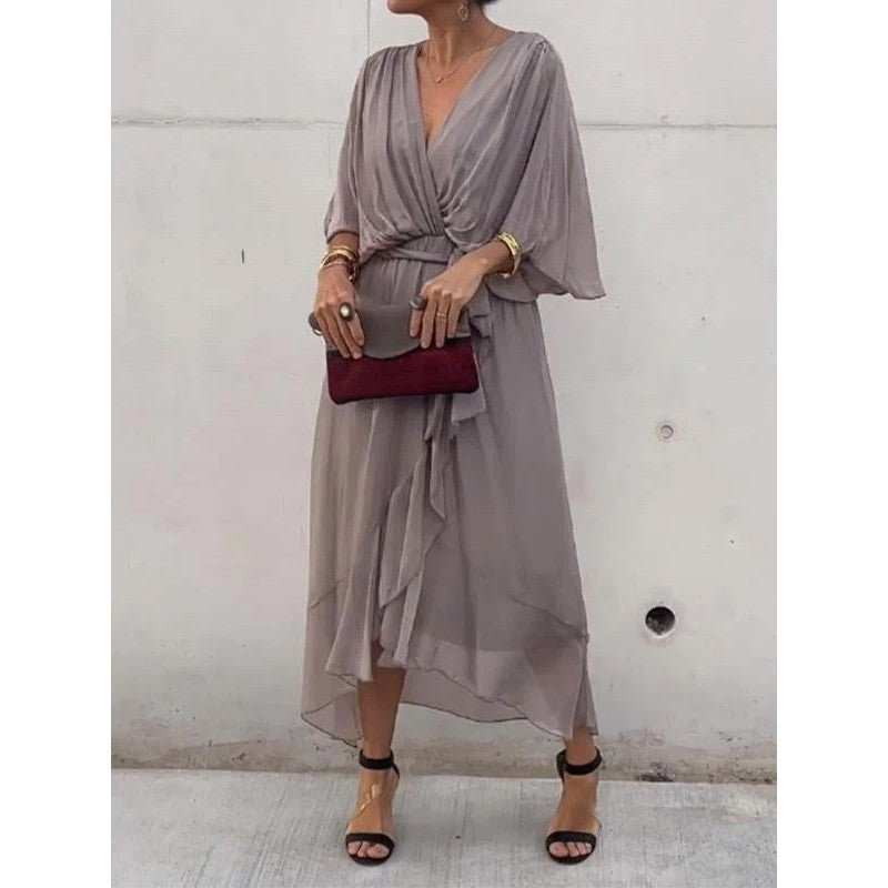 Batwing Sleeve V - neck Dress Summer Pure Color Tied Irregular Long Dresses Womens Clothing - AMIR BAGS INDIA PRIVATE LIMITED