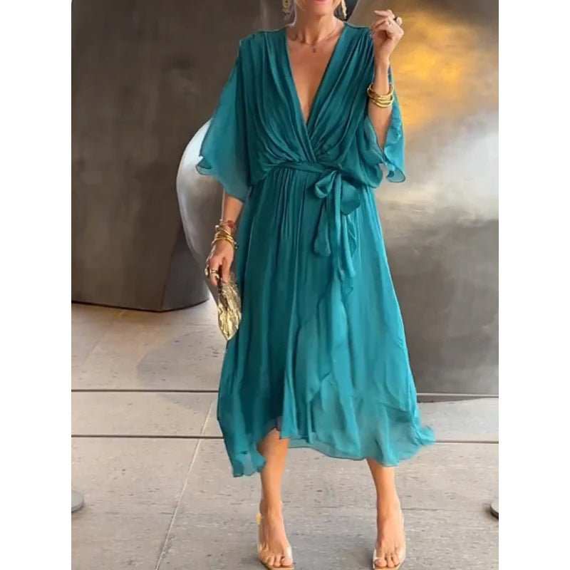 Batwing Sleeve V - neck Dress Summer Pure Color Tied Irregular Long Dresses Womens Clothing - AMIR BAGS INDIA PRIVATE LIMITED
