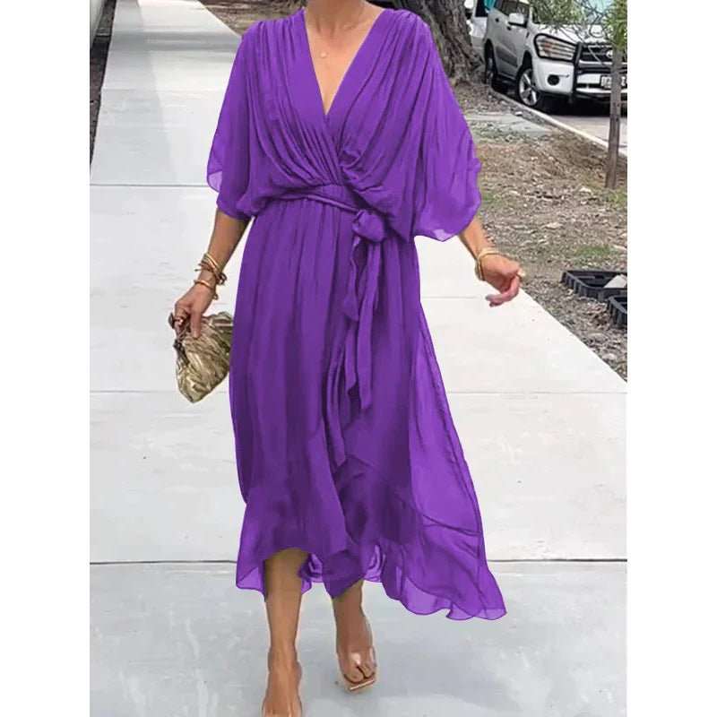 Batwing Sleeve V - neck Dress Summer Pure Color Tied Irregular Long Dresses Womens Clothing - AMIR BAGS INDIA PRIVATE LIMITED