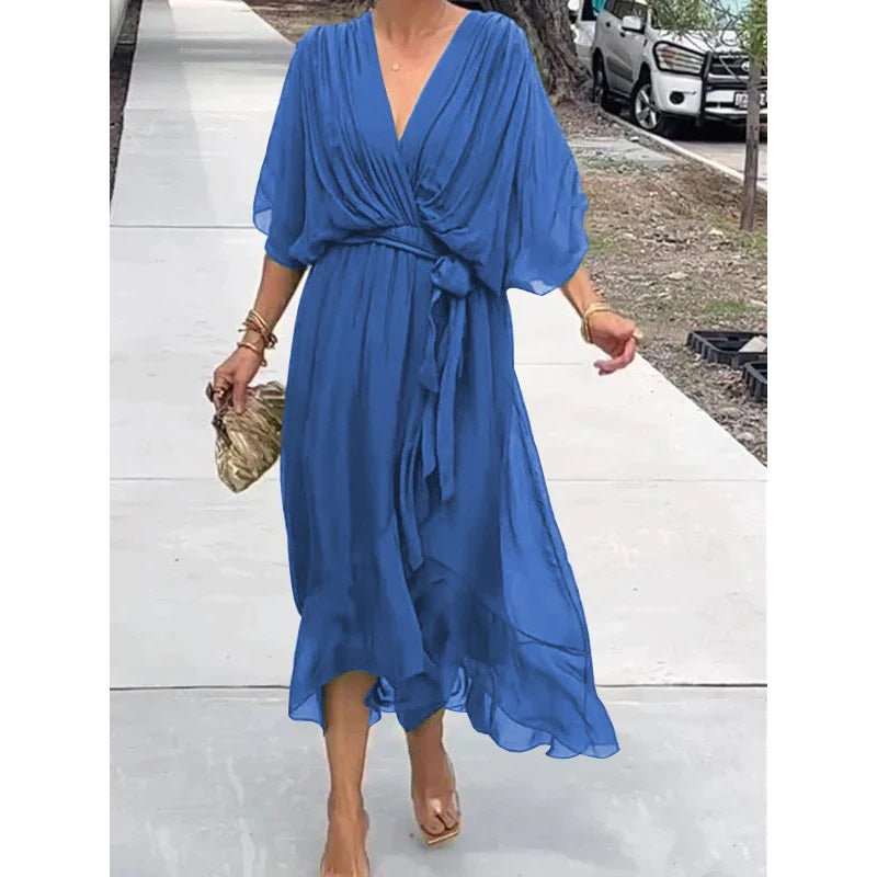 Batwing Sleeve V - neck Dress Summer Pure Color Tied Irregular Long Dresses Womens Clothing - AMIR BAGS INDIA PRIVATE LIMITED