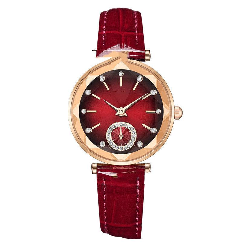 Women's fashion simple bright red leather strap wristwatch with round dial and crystal accents