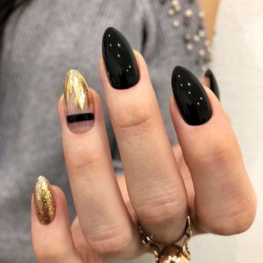 Black Gold Glitter Pointed Wear Nail Art Finished Fake Nails - AMIR BAGS INDIA PRIVATE LIMITED