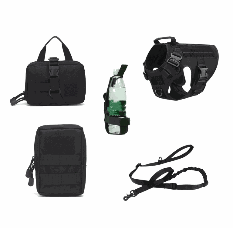 Black tactical dog harness vest with leash, water bottle holder, waist bag, and strap set for K9 training and outdoor use.