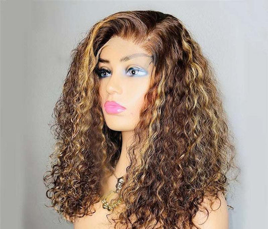 Brown curly transparent lace wig on mannequin with natural style and hand-knitted 13x4 lace front.