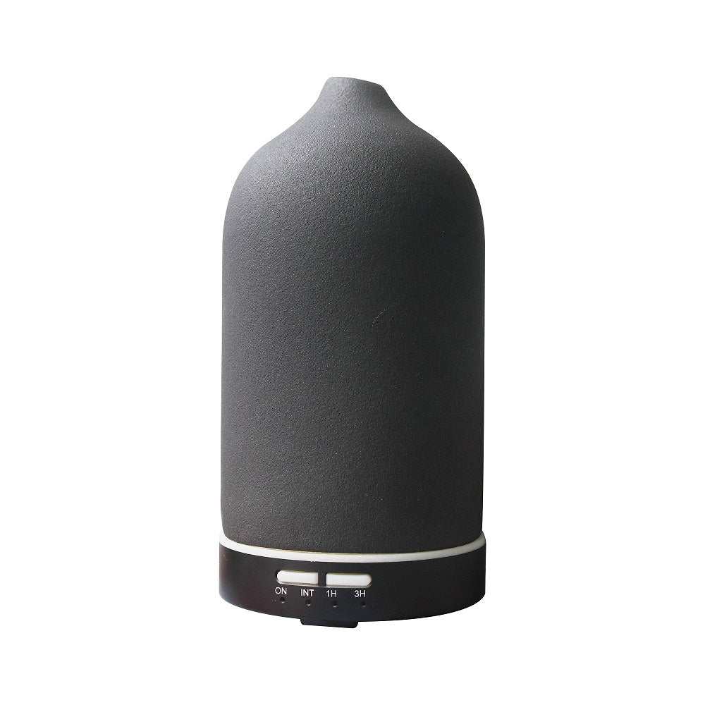 Ceramic ultrasonic aroma diffuser and humidifier in dark gray with timer settings and minimalist design