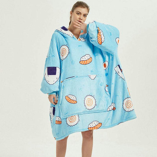 Oversized wearable blanket hoodie with blue sushi print fleece, warm and cozy for home and winter wear.