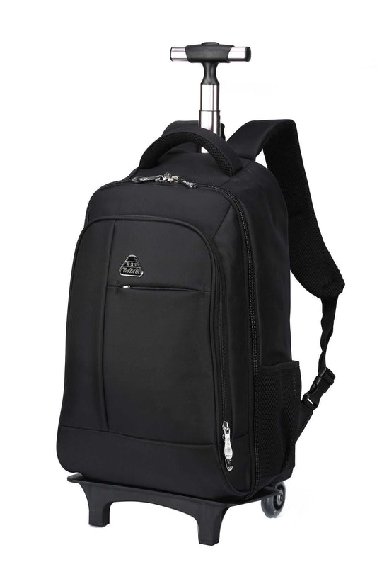 Black detachable shoulder trolley backpack with wheels and multiple compartments for travel and business use