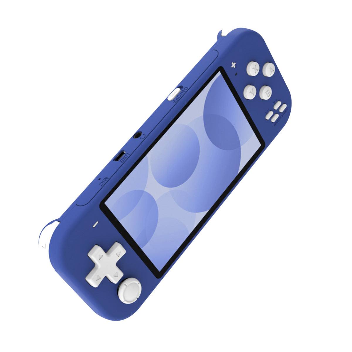 Blue X20MINI handheld electronic game console with white buttons and screen displaying abstract design