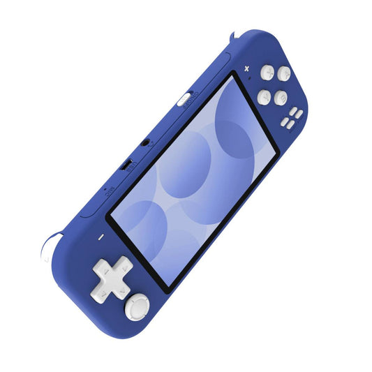 Blue X20MINI handheld electronic game console with white buttons and screen displaying abstract design
