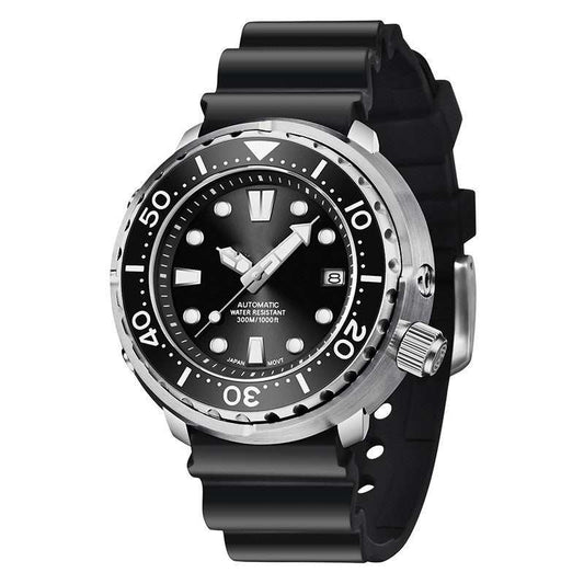 Men's casual luminous sports mechanical watch with black dial and rubber strap