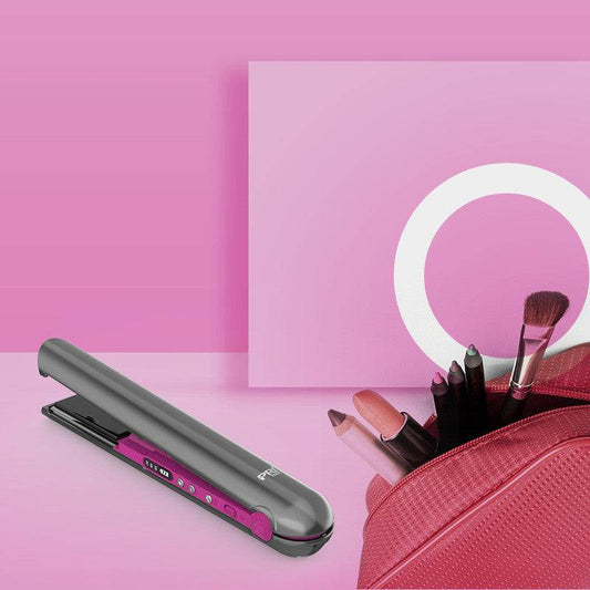 USB wireless charging hair straightener comb in purple with ceramic coating and three-stage temperature control next to a pink makeup bag