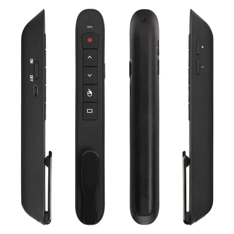 Black Flying Squirrel Page Turning Pen laser pointer and presentation remote with buttons and clip shown from multiple angles