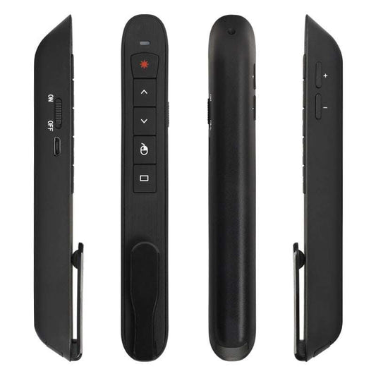 Black Flying Squirrel Page Turning Pen laser pointer and presentation remote with buttons and clip shown from multiple angles
