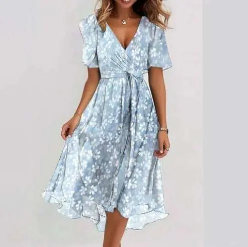 Chiffon Printed Short Sleeve Dress Summer Elegant V - neck Dresses Womens Clothing - AMIR BAGS INDIA PRIVATE LIMITED
