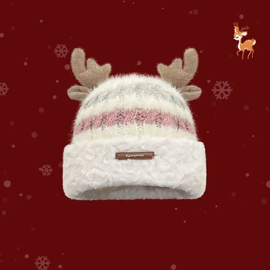 Christmas Knitted Hat With Cute Deer Antler Winter Warm Thick Hat For Girls Women - AMIR BAGS INDIA PRIVATE LIMITED