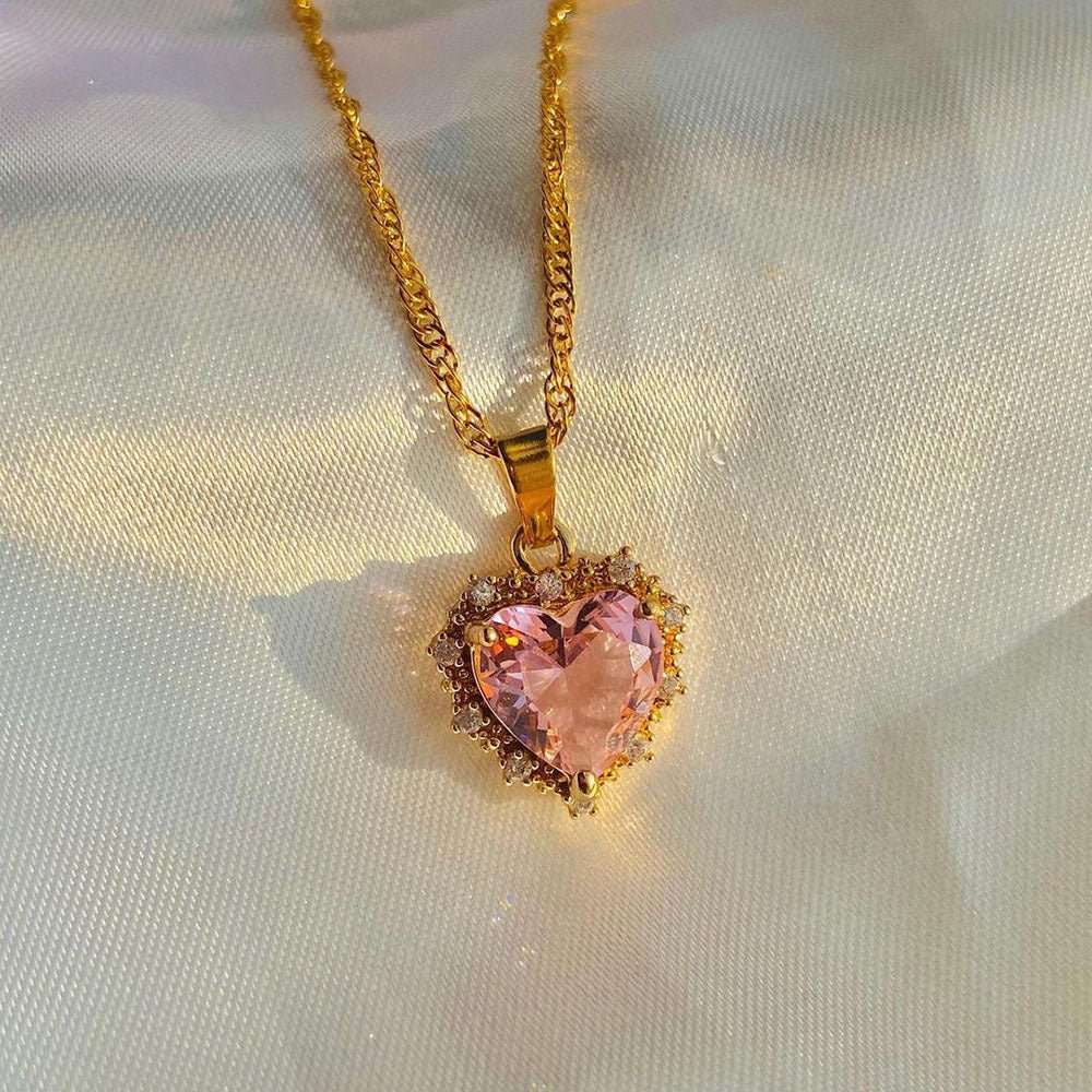 Colorful Rhinestones Heart - shped Necklace Love Gold Clavicle Chain Ins Personalized Jewelry For Women Valentine's Day - AMIR BAGS INDIA PRIVATE LIMITED