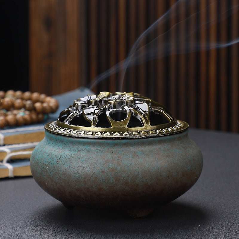 Copper Lid Ceramic Incense Burner Buddha with Antique Alloy Wire Incense Burner - AMIR BAGS INDIA PRIVATE LIMITED