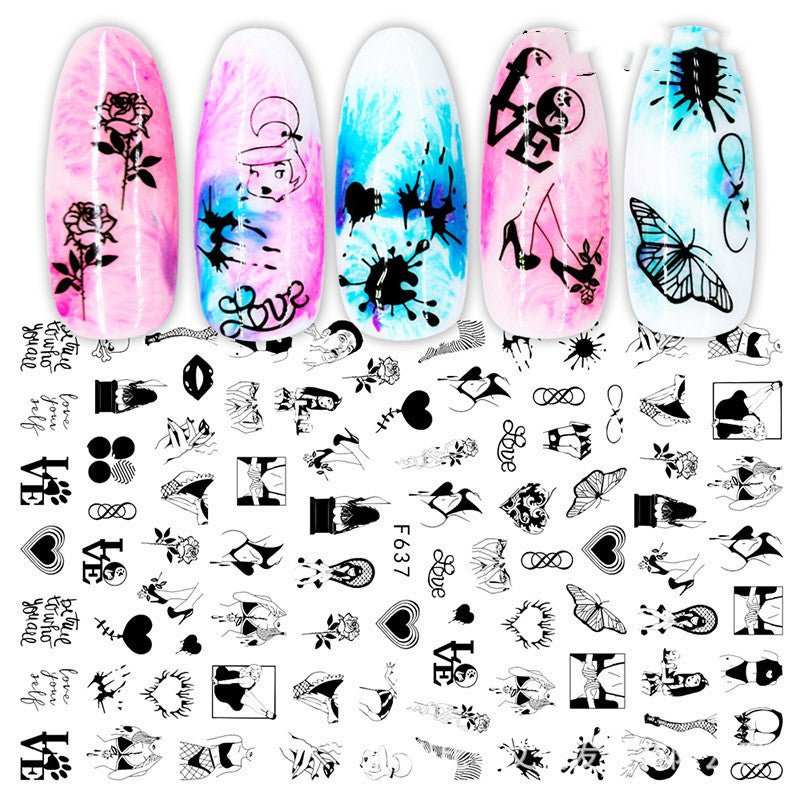 Cross - Border Nail Stickers New Japanese European And American 3D Hot Stamping Full Stickers Black And White Rose Heart - Shaped Ink Nail Decals - AMIR BAGS INDIA PRIVATE LIMITED