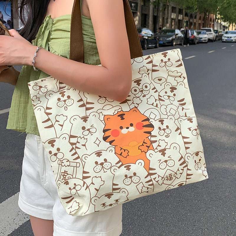 Cute Bear Printed Canvas Bag Women All - match Shoulder Bags Student Large Capacity Daily Handbags - AMIR BAGS INDIA PRIVATE LIMITED